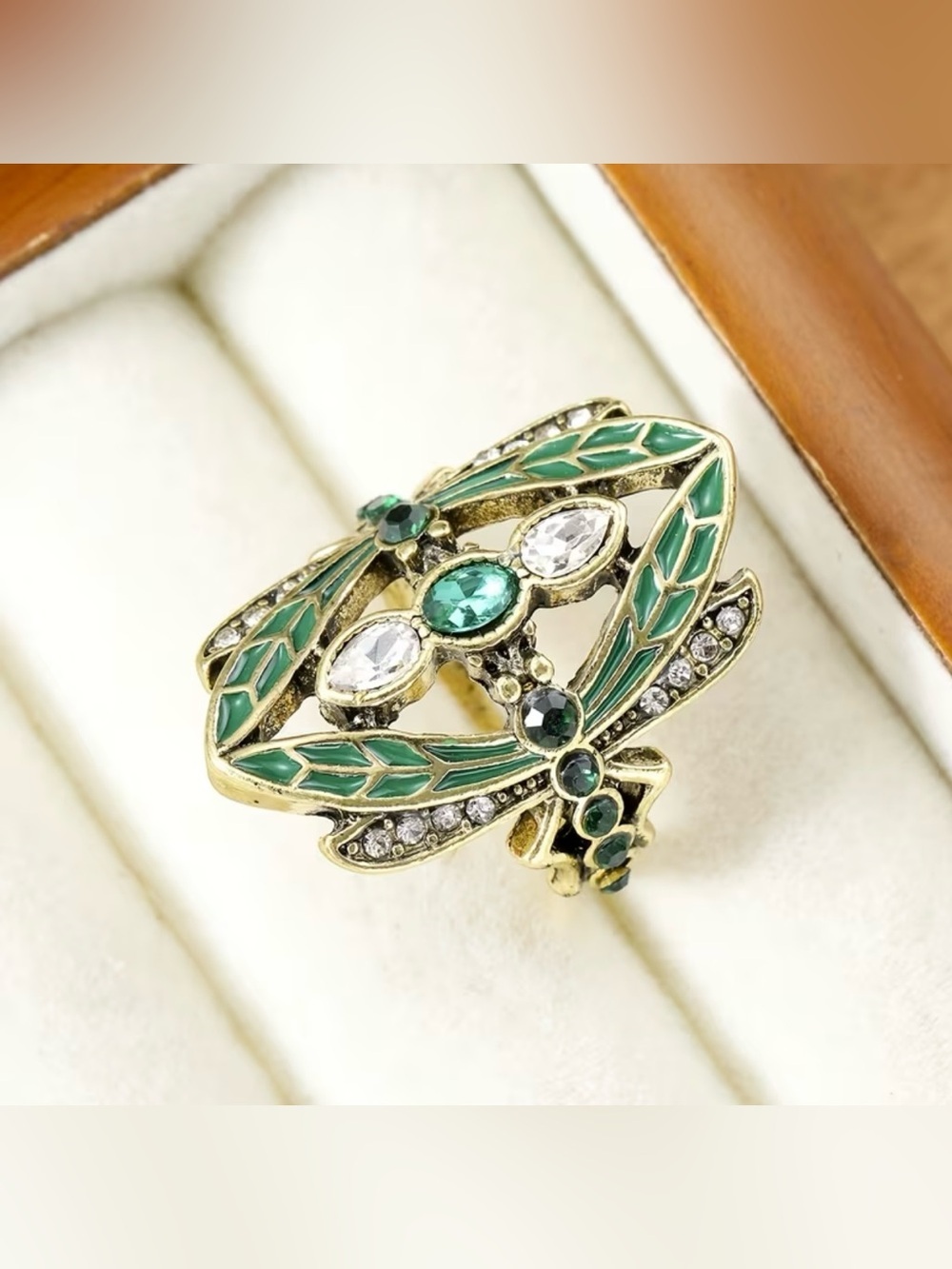 NEW! Green Enamel Dragonfly Ring with Emerald and Crystal Accents. B2-116 - Picture 4 of 7